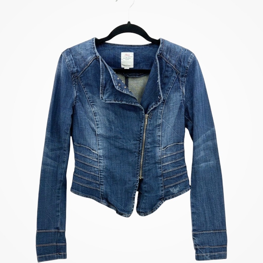 Y2K Avant Garde Asymmetric Denim Studded Cropped Moto Blazer Jacket Womens EU 38